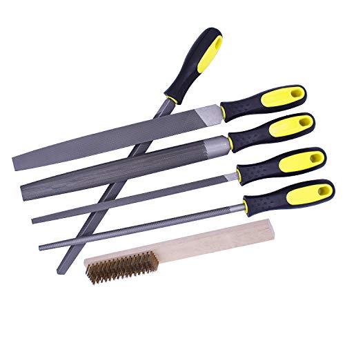 Fatmingo 5 Piece 10" High Carbon Steel Files Set Rubber Handles - Flat/Round/Square/Half Round Rasp Files Set Filing Metal/Wood/Leather with Storage Pouch and A Brass Brush