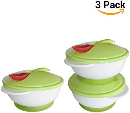Stay Put Baby Suction Feeding Bowl Set with Thermo-Sensitive Spoons (Green, 3-Pack)