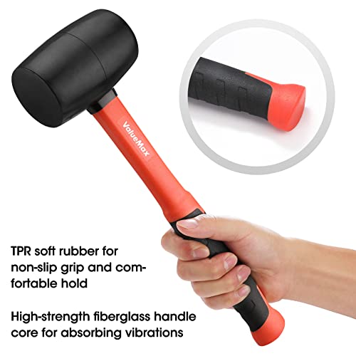 ValueMax Rubber Mallet, 16oz Rubber Mallet Hammer And 35mm Double-Faced Soft Mallet, Fiberglass Handle With Soft Grip, Solid Head, 2 Piece Black Mallet Set
