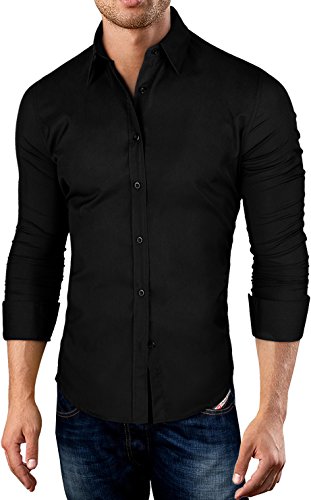 Grin&Bear Slim Fit Men's Stretch Fabric Shirt Dress Shirt, Long Sleeve, Black, XXL, SH500