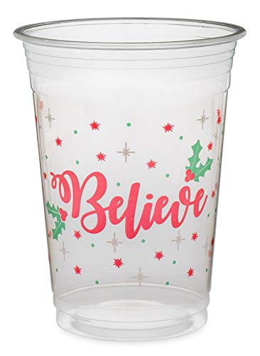 Greenhouse Compostables, Believe - Christmas Clear Cold Cups, 50 Count, 16 oz, 100% Compostable - Red Lettering With Green Holly, Christmas Holiday Party Disposable Cups