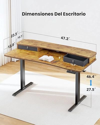 Escritorio Elevable,Escritorio Altura Ajustable con 2 Cajones, Escritorio de Ordenador Ajustable en Altura, Escritorio de Pie para Oficina en Casa con 4 Alturas Preestablecidas y 2 Ganchos(Marrón)