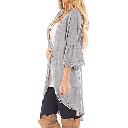 Farmerl Women's Loose Casual 3/4 Bell Sleeve Lace Kimono Cardigan Gray - Thumbnail 2