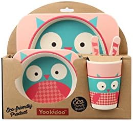5 PC SET - Super Cute Animal Theme Kids Dinnerware Set - Eco-Friendly Bamboo - BPA Free (Multiple Designs) (Owl)