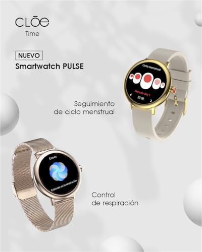 Clōe Pulse Smartwatch para Mujer con Llamadas Bluetooth, Pantalla AMOLED, IA Integrada, Monitoreo de Salud, Más de 100 Deportes, Notificaciones Inteligentes, IP68 y Correa de Silicón