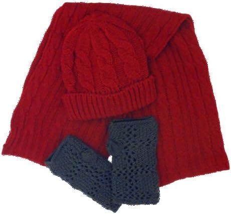 3 Piece Best Red Burgundy Thick Winter Cable Knit Hat &amp; Scarf Set Gray Open Fleece Lined Half Finger Gloves Unique Cute Stocking Stuffer Christmas Gift Ideas Women Teen Girls Young Ladies (Red Gray)