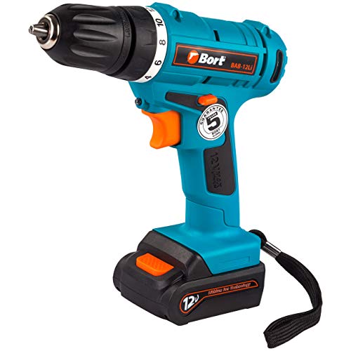 Bort BAB-12Li - Akku-Bohrmaschine, Bohrschrauber mit 1x 12V, Lithium-Ionen-Akku mit Stromkapazität von 1,3 Ah, Schnell-Ladegerät, 1 Gang 28 Nm, 700 UpM, Ergonomisches Gehäuse, inkl. LED-Arbeitslichts