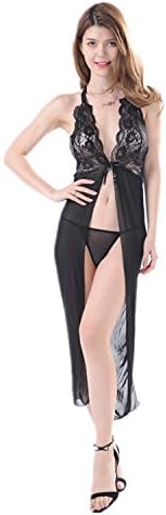 LOHASBEE Sexy Black Lingerie For Women Halter Neckline Long Dress Babydolls Lingerie Set