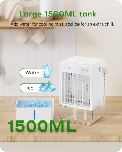Portable Air Conditioner 1500ML, Evaporative Air Cooler with 2 Spray Modes & 4μm Fine Mist, Remote Control, Quiet Air Conditioner 5 Wind Speeds, Auto-off Timer, 7 LED Lights for Bedroom Office Travel