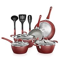NutriChef Non-Stick Kitchenware Pots & Pans-11 Pcs. Stylish Kitchen Cookware Set w/Elegant Diamond Pattern, Gray Inside & Red Outside, Metal, Silicone Handle, PTFE/PFOA/PFOS Free, Red NutriChef Non-Stick Kitchenware Pots & Pans-11 Pcs. Stylish Kitchen Cookware Set w/Elegant Diamond Pattern, Gray Inside & Red Outside, Metal, Silicone Handle, PTFE/PFOA/PFOS Free, Red