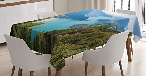 ABAKUHAUS Lake Forest Nappe, Vue aérienne du lac d’Annecy Pine, Linge de Table Rectangulaire pour Salle à Manger Décor de Cuisine, 140 cm x 170 cm, Aqua Azure Bleu pâle