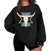 Eatbook Oversized Western Cow Skull Sweatshirt for Women Vintage Casual Pullover Rodeo Graphic Country Concert Outfits Shirts