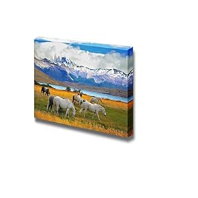 Canvas Prints Wall Art - Beautiful White and Gray Horses Grazing in a Meadow Near The Lake | Modern Wall Decor/Home Art Stretched Gallery Canvas Wraps Giclee Print & Ready to Hang - 12" x 18"