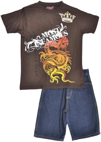 Street Elements Big Boys S/S Brown Dragon Design Top 2pc Denim Blue Short Set (14/16)