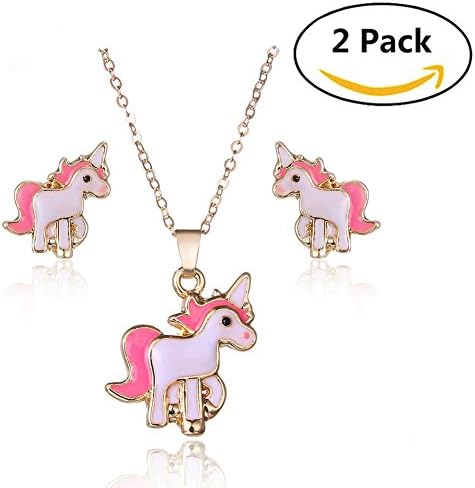 Unicorn Necklace Earrings Set Enamel Pink Teen Girls Birthday Gifts Hypoallergenic Jewelry