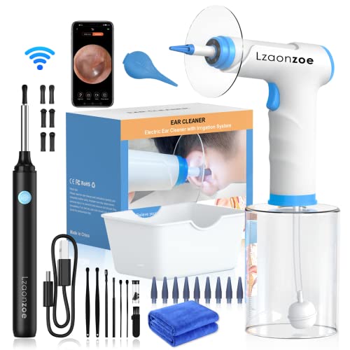 Earwax Removal Ear Wax Electric Tool Irrigation Kit Reusable Cleaning Washer Safe Otoscope with Light Rechargeable Flush for Adults Cleaner Camera Blue 7 pcs 19 Ounce