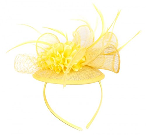 Womans Classy Fascinator Headpiece with Carnation Flower Design and a Fishnet trim -Sinamay fabric - Yellow