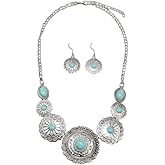 Vintage Turquoise Round Flower Beads Choker Necklace Dangle Drop Earrings Set for Women Antique Silver Bohemian Retro Long Chain Collar Statement Boho Summer Beach Holiday Western Cowgirl Jewelry