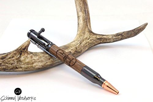 Handmade Schimmel Pen, Gun Metal Bolt Action Bullet Pen. Walnut with Deer in cross-hairs. Great for the hunter in your family!