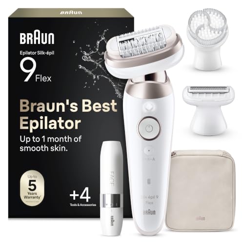 Braun Silk-épil 9 Flex, Epilierer Damen / Haarentferner für langanhaltende Haarentfernung, Ladyshaver, Mini-Rasierer, Peelingaufsätze, 9-306 3D, Weiß/Rosa Titan