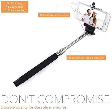 Selfie Stick, Flux (TM) MonoPodConnect 3.3ft Telescoping Phone Mount and Selfie Stick Self-portrait Monopod with built-in shutter button and adjustable smartphone holder. SIMPLE Headphone Jack Connection. NO batteries, NO charging, NO painful connections that come with bluetooth pairing. Just Plug and Play. Compatible with iOS 4-8 and Android Devices. Fits iPhone 6 Plus (5.5") , iPhone 6, iPhone 5S, 5C, 5, 4S, 4 and most Android devices.