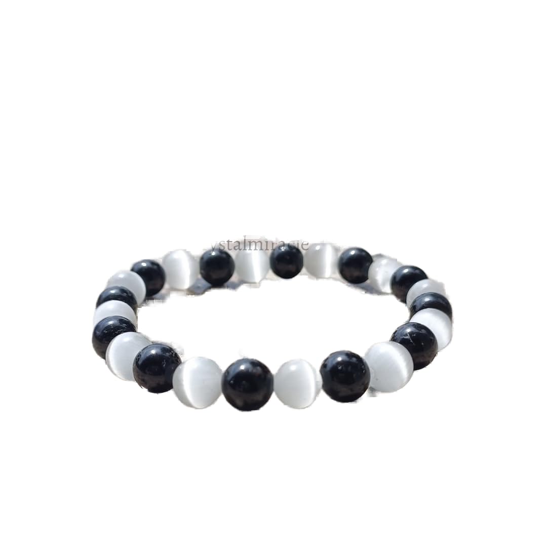 CRYSTALMIRACLE Selenite Black Tourmaline Beaded 7 Mm Round String Crystal Gemstone Fashion Gift Handcrafted Accessory