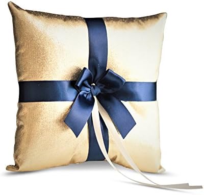 Alex Emotions GOLD &amp; NAVY BLUE Wedding Ring Bearer Pillow and Flower Girl Basket Set – Satin &amp; Ribbons – Pairs Well with Most Dresses &amp; Themes – Splendour every Wedding Deserves