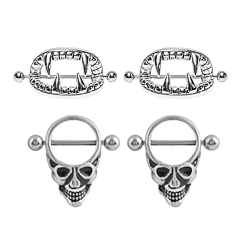SunniMix 2 Pairs Punk Gothic Skeleton Shield Nipple Ring Stainless Seel Teeth Head Halloween 14g 18g
