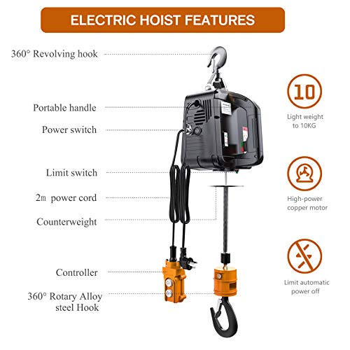 NEWTRY 1,100lb Electric Hoist with Wire Remote Control 16ft/min, 110/120 Volt 25ft Portable Electric Winch w/Straps - Image 3
