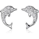 Tiny Dolphin Stud Earrings S925 Sterling Silver Cubic Zirconia Crystal Animal Fish Earring Studs Post Cartilage Piercing Hypoallergenic Cute Jewelry for Women