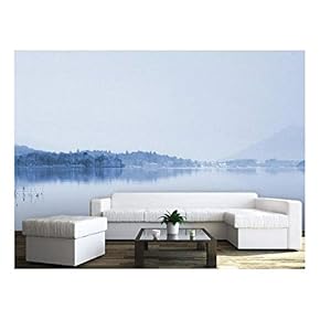 Large Wall Mural - Peaceful Lake and Mountains in The Fog | Self-Adhesive Vinyl Wallpaper/Removable Modern Wall Decor - 66x96 inches