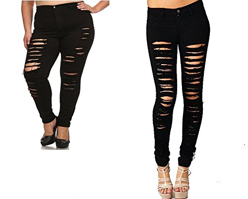 Juniors Women's plus size BLUE/ Black Denim JEANS Skinny Ripped Distressed Pants (14, BLACK)