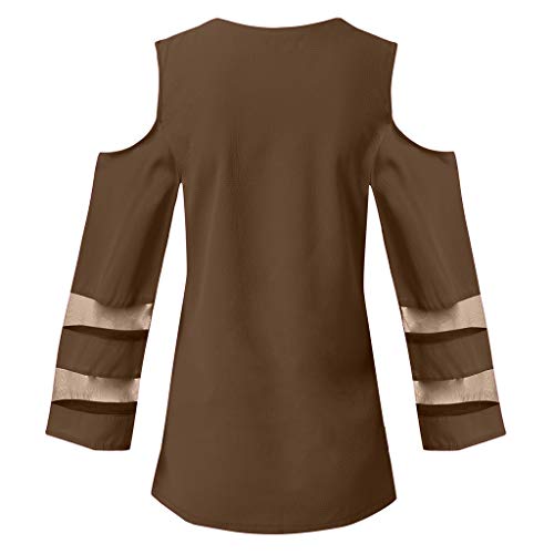 Finedayqi Woman Dress,Women Button V Neck Mesh Panel Blouse 3/4 Bell Sleeve Loose Top Shirt CO/XL Coffee