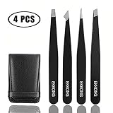 EKKONG Tweezers Set,4 Pieces Precision Eyebrow Stainless Steel Tweezers Kit,Hair Removal Tweezer,Removal of Eyebrow and Facial Hair(Black)