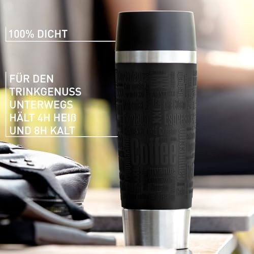 Emsa Travel Mug Classic Thermobecher, 360 ml, Isolierbecher hält 4h heiß, 8h kalt, 100 Prozent dicht, auslaufsicher, Quick-Press-Verschluss, 360 Grad-Trinköffnung, Kaffeebecher to go, Schwarz, 513361 thumbnail 2