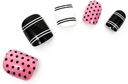 KeeNail Acrylic Fake Nails Short Black White Pink Dots 12 Piece Set