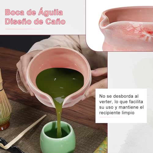 Juego de 8 Batidor de Matcha, Kit Matcha con Tazón Cerámica, Soporte Cerámica, Batidor, Cuchara, Colador, Cucharilla, Porta Cuchara y Paño de Cocina para Hacer Japonés Té Verde Ceremonia Regalo (Rosa)