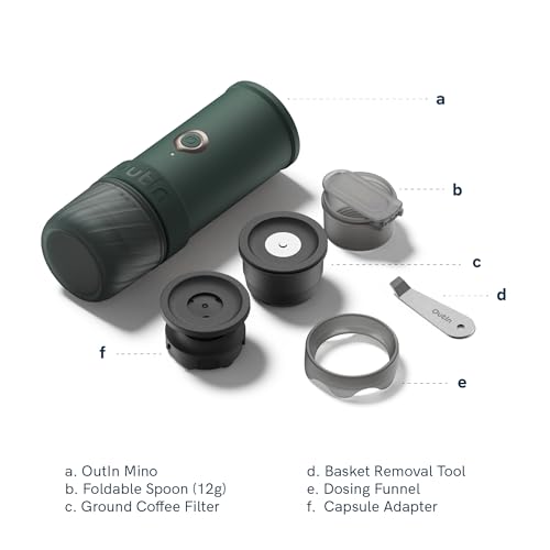 OutIn Mino Portable Electric Espresso Machine, Mini Camping Coffee Maker for Travel, Pocket Sized Coffee Machine Self-Heating, Ground Coffee & NS Capsule Adapter For Adventure, Tundra Brown