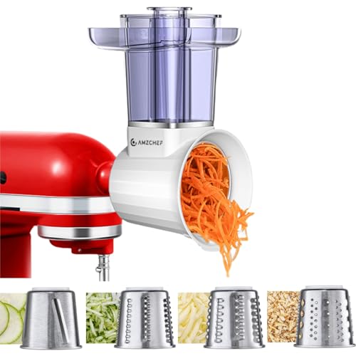AMZCHEF Slicer Shredder Accessories and Attachments For KA Stand Mixers with 2.8IN Large Feed Chute, Oversized Cheese Grater Attachment with 4 Food Grade Blades, 304 Stainsless Steel, Dishwasher Safe