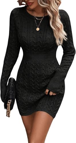 Elfin Strickkleid Damen Bodycon Pulloverkleid Elegant Herbst Winterkleid Rundhals Langarm Freizeitkleid Cable Knit Sexy Minikleid (L, Schwarz)