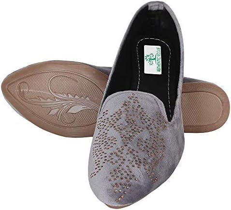 Women's Designer Gold Embroidery Flat Ballerinas Loafer in Silver Grey Color