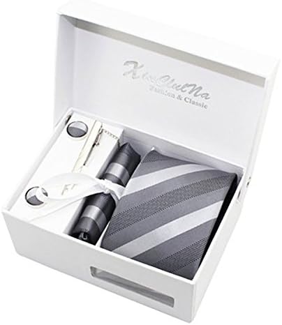 Leiwo Men's Handmade Polyester Silk Necktie with Cufflinks Pocket Square and Tie Clip 3'' (8cm) Grey