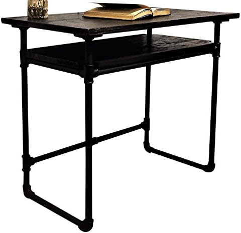 FURNITURE PIPELINE Industrial Writing Desk with Lower Shelf, Metal with Reclaimed Aged Wood Finish, Black Steel Pipes and Fittings with Dark Brown Stained Wood