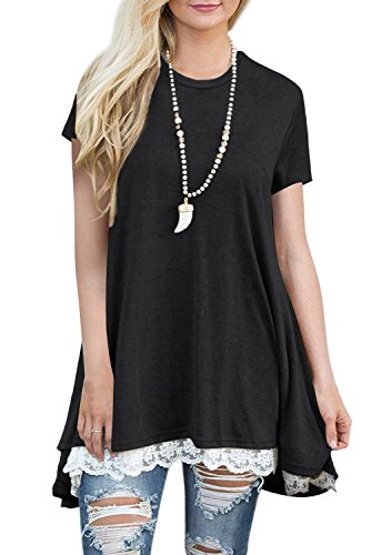 Women's Short Sleeve Casual Lace T Shirt Loose Fitted Flared Tunic Tops for Juniors (Black, S) - Thumbnail 6