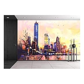 Digital Painting of City with Skyscraper and Ocean at Sunset. Rastr Stock Llustration - Removable Wall Mural | Self-Adhesive Large Wallpaper - 66x96 inches