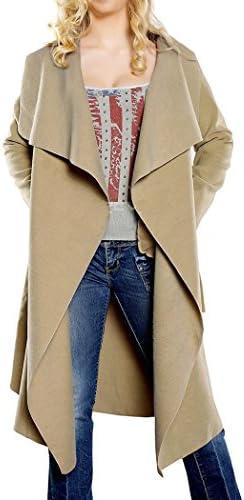 Women's Camel Casual Open Front Wrap Cardigan Long Wool Lapel Trench Coat with Belt M