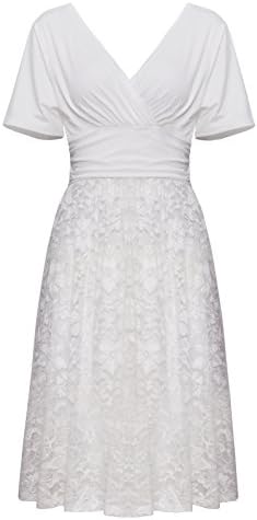 Womens Retro Deep V Neck Lace Overlay Medium Length Evening Dinner White Dress