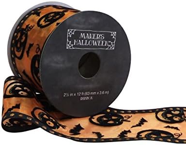 Maker's Halloween Ribbon 2.5' x 12' Black Jack-o-Lantern on Orange Wired Edge
