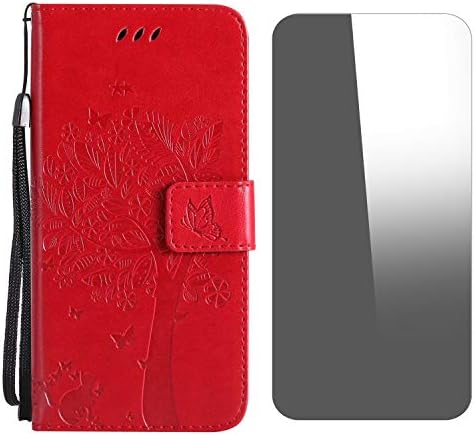 iPod Touch 5th / 6th Generation Case, Conber Shockproof Leather Wallet Flip Case Cover + (Free Screen Protector), Vintage Emboss Tree and Cat Case for Apple iPod Touch 5th / 6th Generation - Red