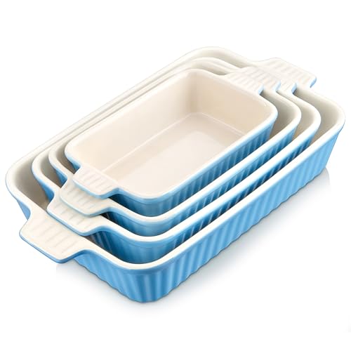 MALACASA Casserole Dishes for Oven, Porcelain Baking Dishes, Ceramic Bakeware Sets of 4, Rectangular Lasagna Pans Deep with Handles for Baking Cake Kitchen, Blue (9.4"/11.1"/12.2"/14.7"), Series